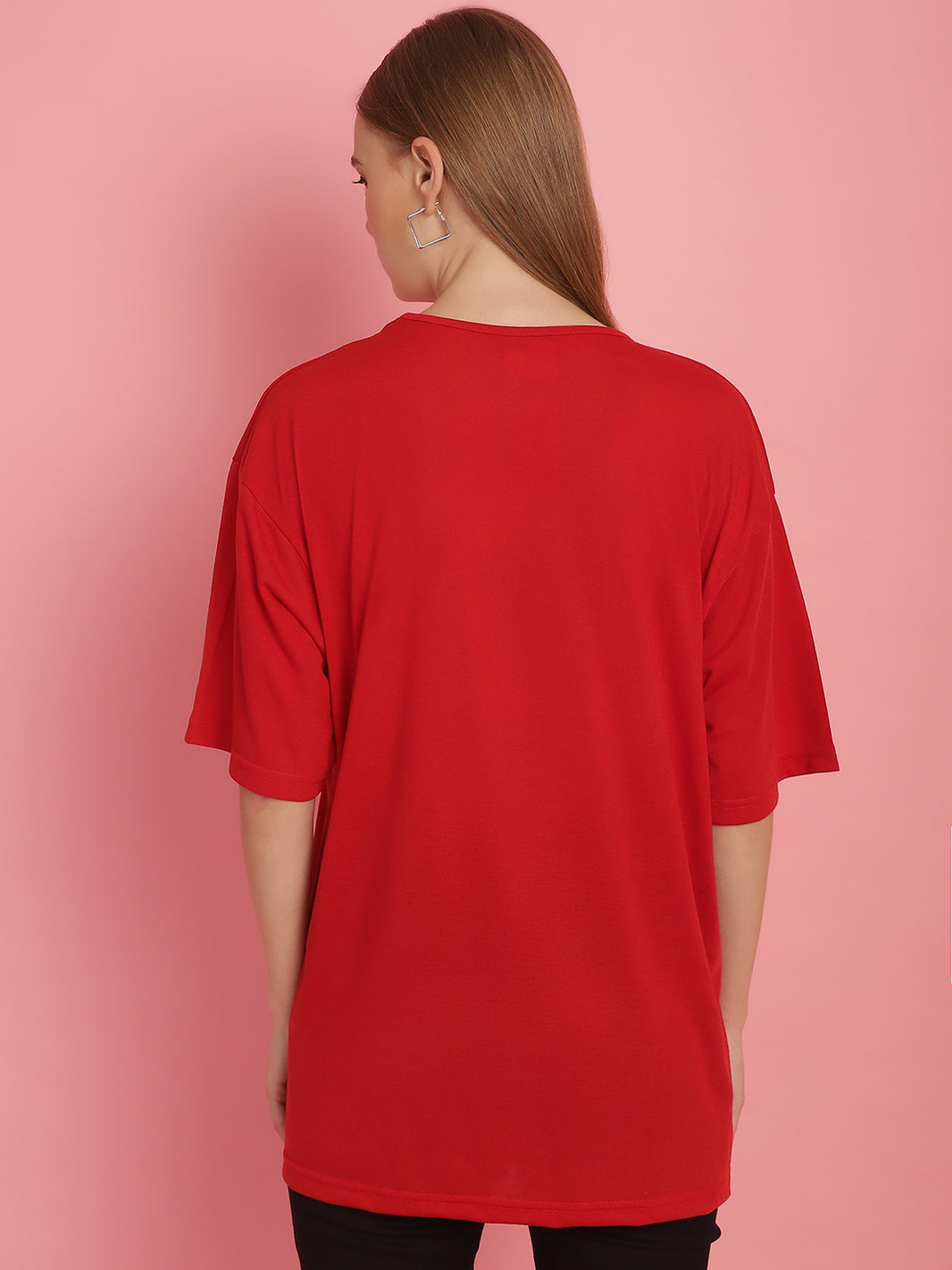 Mack Jonney Printed Red Round Neck Cotton Oversize Half sleeves Tshirt For Women