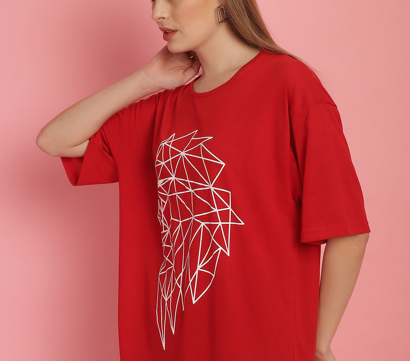 Mack Jonney Printed Red Round Neck Cotton Oversize Half sleeves Tshirt For Women