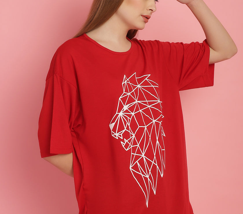 Mack Jonney Printed Red Round Neck Cotton Oversize Half sleeves Tshirt For Women