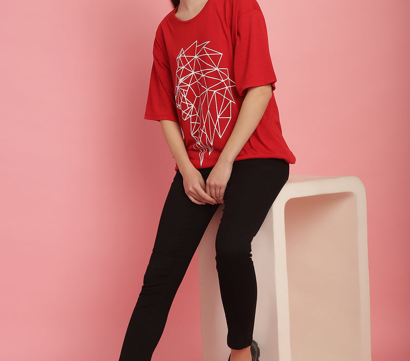 Mack Jonney Printed Red Round Neck Cotton Oversize Half sleeves Tshirt For Women