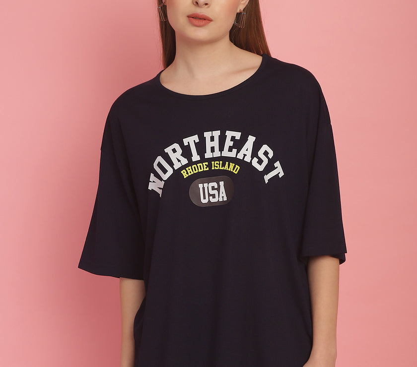 Mack Jonney Printed Navy Blue Round Neck Cotton Oversize Half sleeves Tshirt For Women