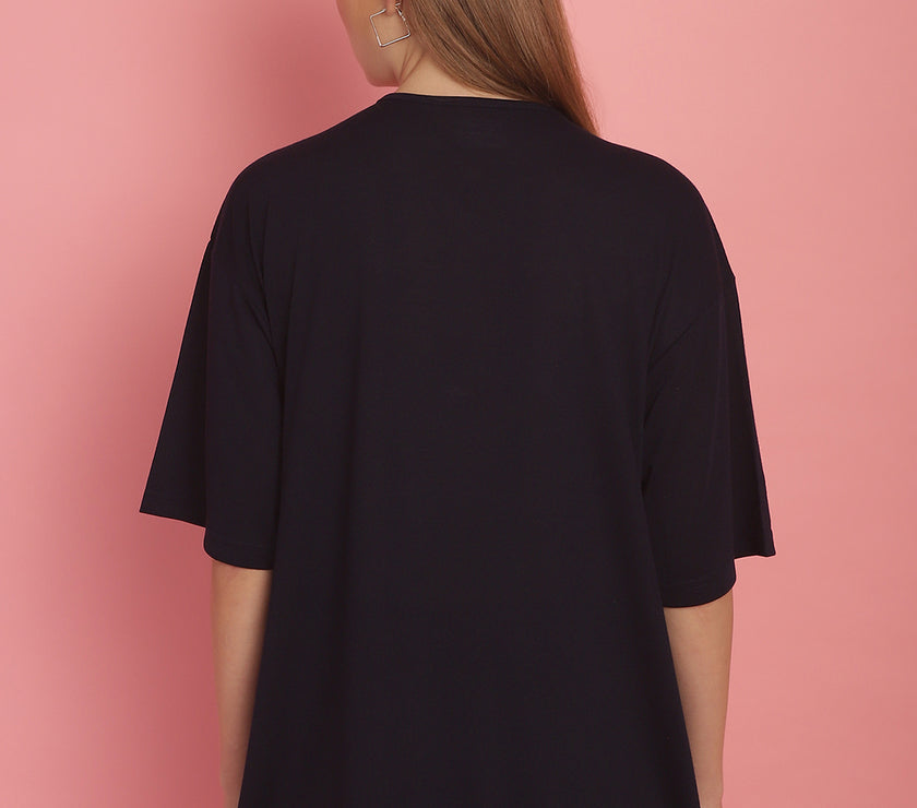 Mack Jonney Printed Navy Blue Round Neck Cotton Oversize Half sleeves Tshirt For Women