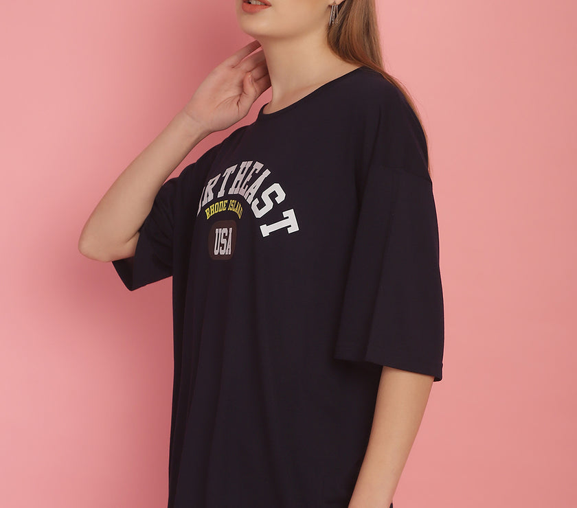 Mack Jonney Printed Navy Blue Round Neck Cotton Oversize Half sleeves Tshirt For Women