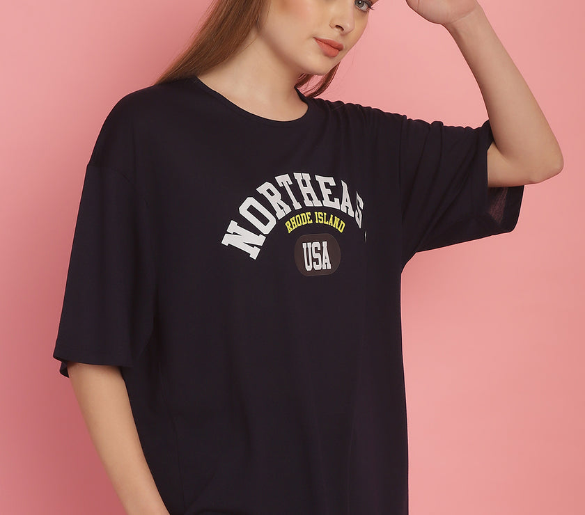 Mack Jonney Printed Navy Blue Round Neck Cotton Oversize Half sleeves Tshirt For Women