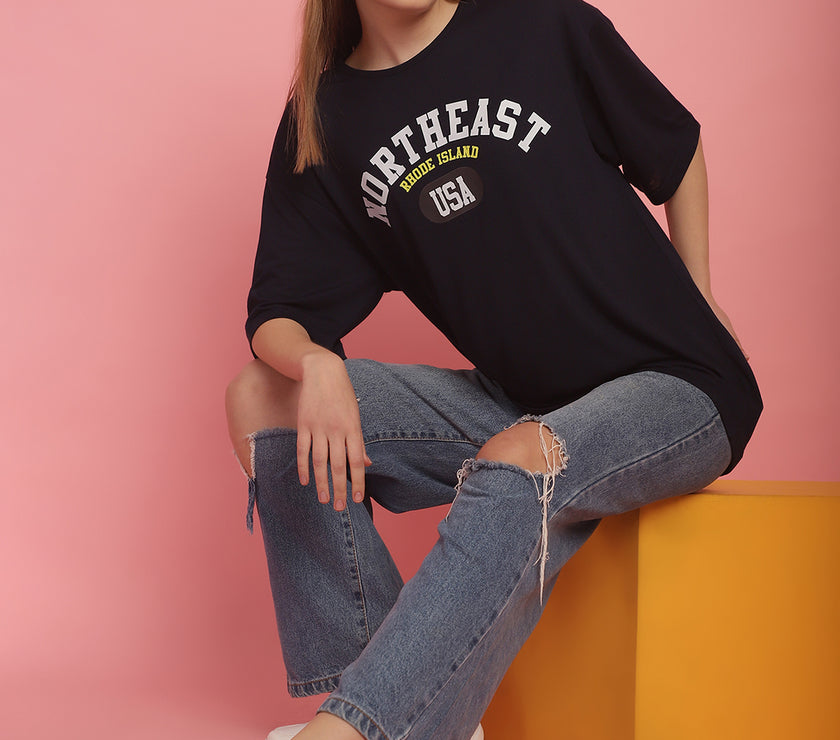 Mack Jonney Printed Navy Blue Round Neck Cotton Oversize Half sleeves Tshirt For Women
