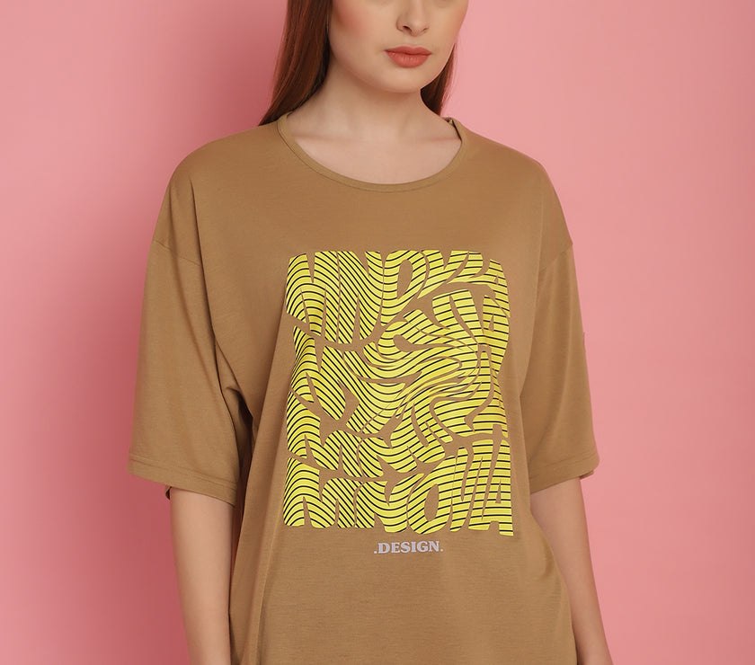 Mack Jonney Printed Beige Round Neck Cotton Oversize Half sleeves Tshirt For Women