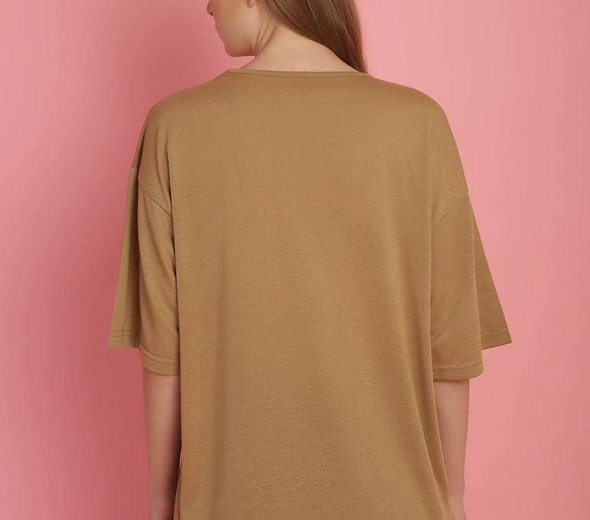 Mack Jonney Printed Beige Round Neck Cotton Oversize Half sleeves Tshirt For Women