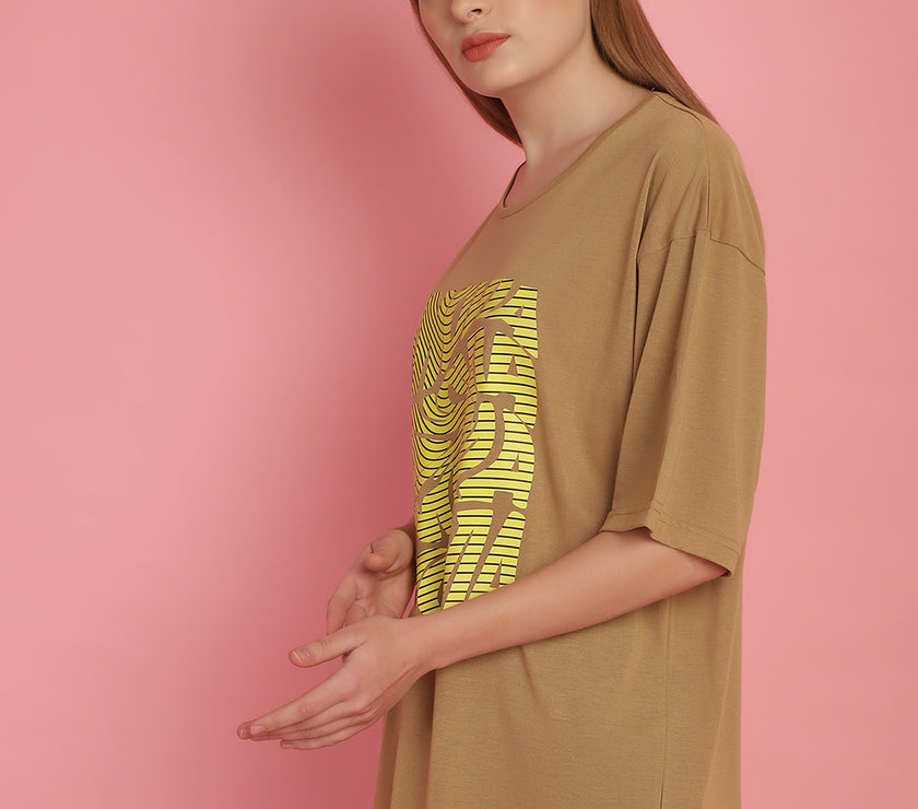 Mack Jonney Printed Beige Round Neck Cotton Oversize Half sleeves Tshirt For Women