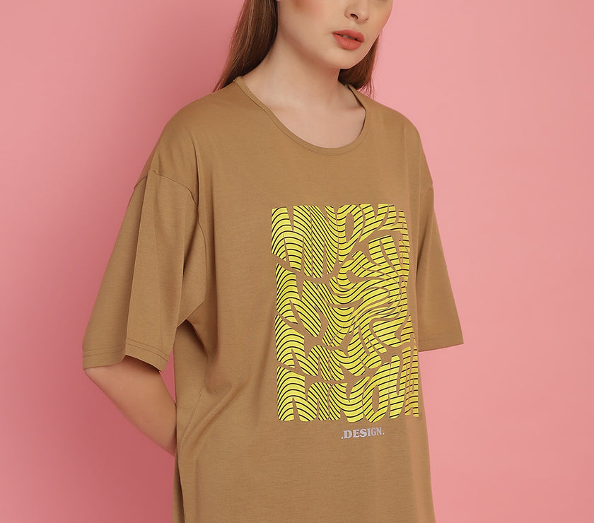 Mack Jonney Printed Beige Round Neck Cotton Oversize Half sleeves Tshirt For Women
