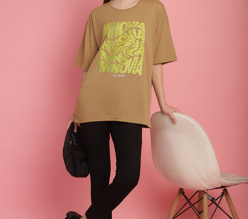 Mack Jonney Printed Beige Round Neck Cotton Oversize Half sleeves Tshirt For Women