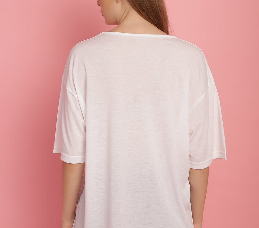 Mack Jonney Printed White Round Neck Cotton Oversize Half sleeves Tshirt For Women