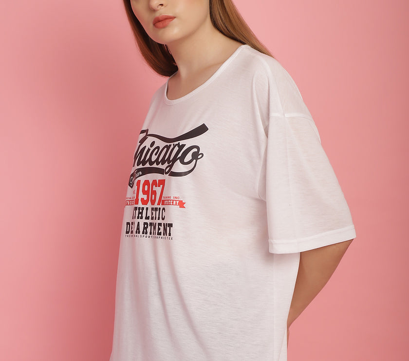 Mack Jonney Printed White Round Neck Cotton Oversize Half sleeves Tshirt For Women