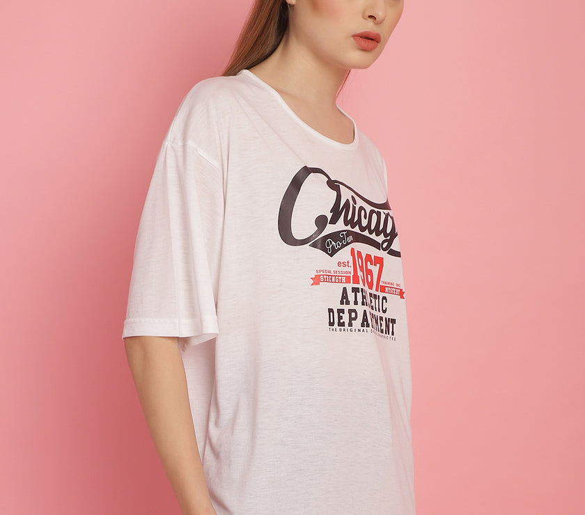 Mack Jonney Printed White Round Neck Cotton Oversize Half sleeves Tshirt For Women