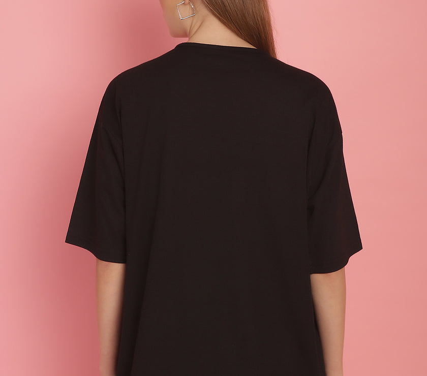 Mack Jonney Printed Black Round Neck Cotton Oversize Half sleeves Tshirt For Women