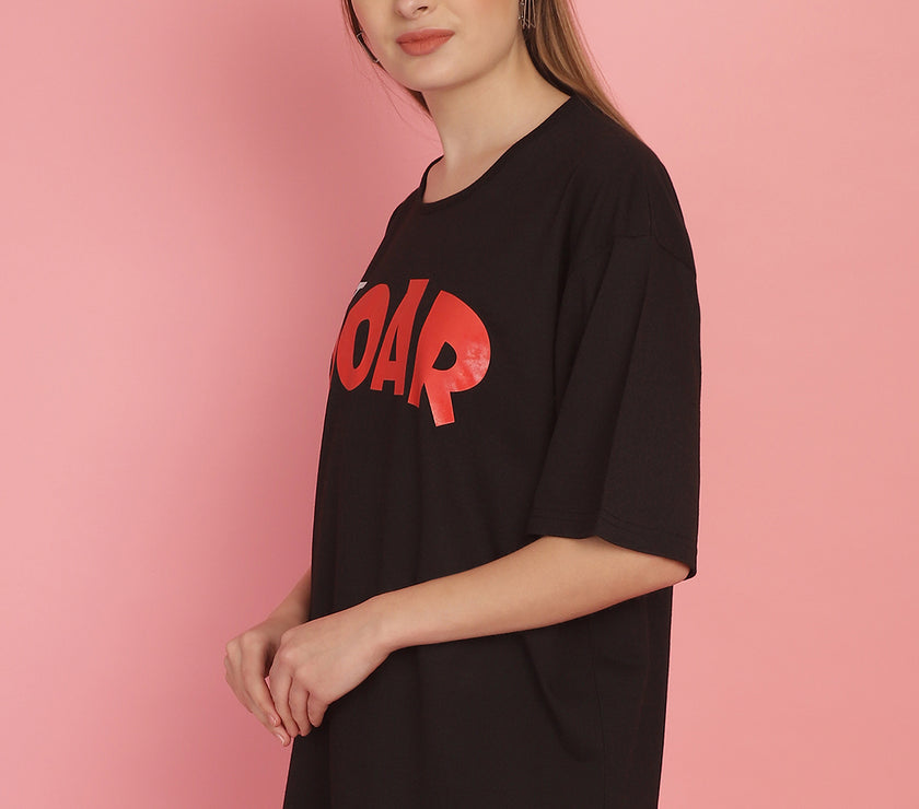 Mack Jonney Printed Black Round Neck Cotton Oversize Half sleeves Tshirt For Women