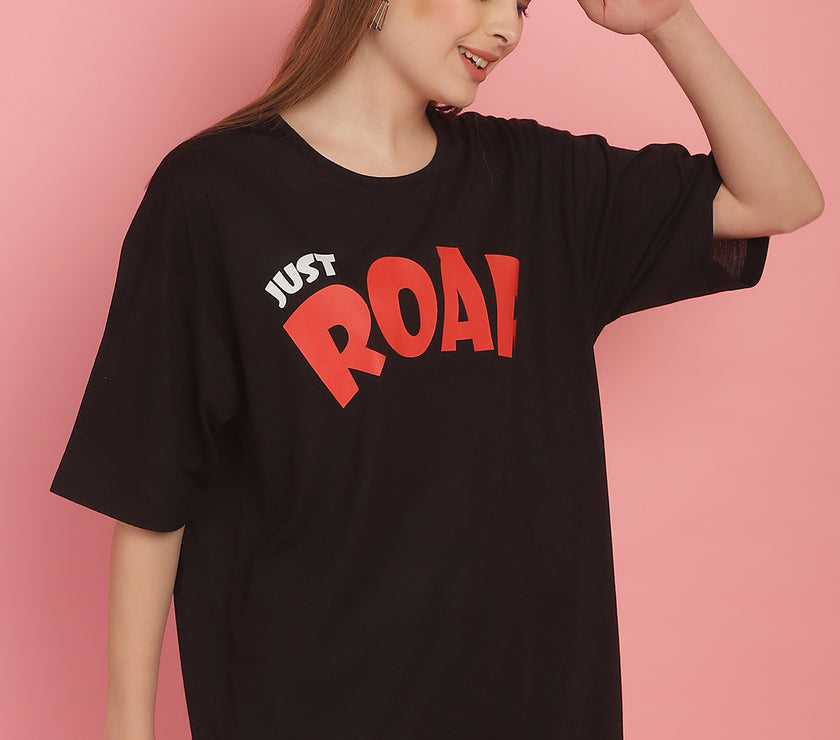 Mack Jonney Printed Black Round Neck Cotton Oversize Half sleeves Tshirt For Women