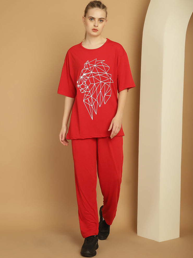 Mack Jonney Printed  Red Round Neck Cotton Oversize Half sleeves Co-ord set Tracksuit For Women