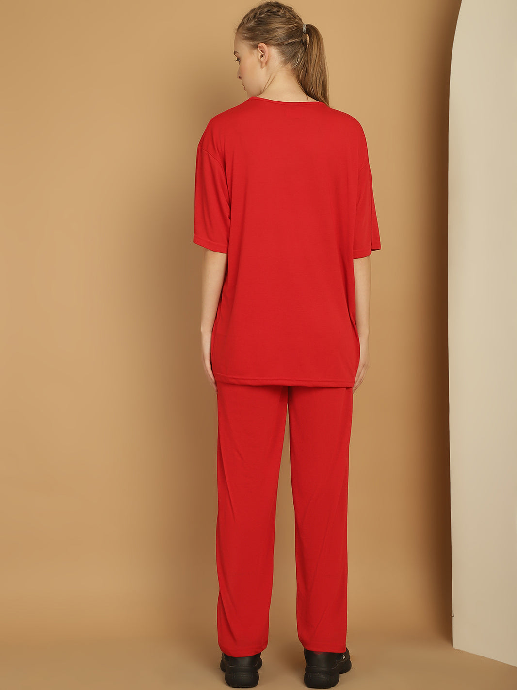 Mack Jonney Printed  Red Round Neck Cotton Oversize Half sleeves Co-ord set Tracksuit For Women