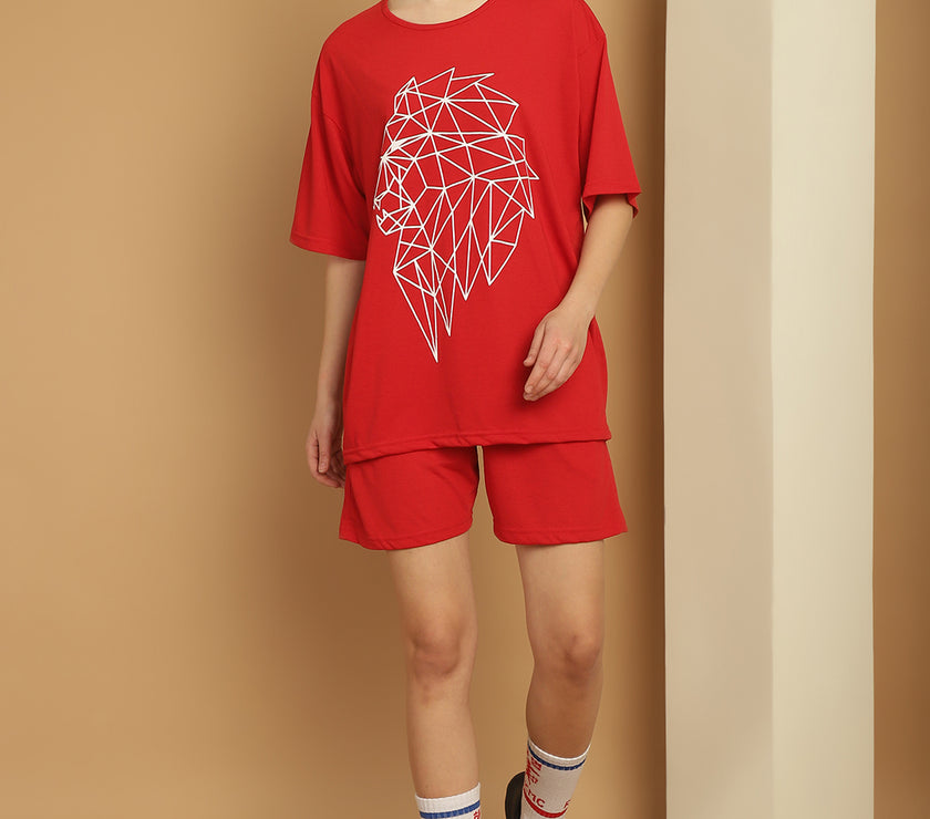 Mack Jonney Printed  Red Round Neck Cotton Oversize Half sleeves Co-ord set Tracksuit For Women