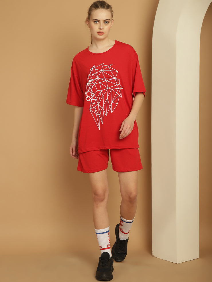 Mack Jonney Printed  Red Round Neck Cotton Oversize Half sleeves Co-ord set Tracksuit For Women