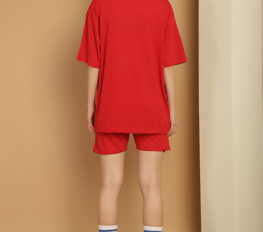 Mack Jonney Printed  Red Round Neck Cotton Oversize Half sleeves Co-ord set Tracksuit For Women