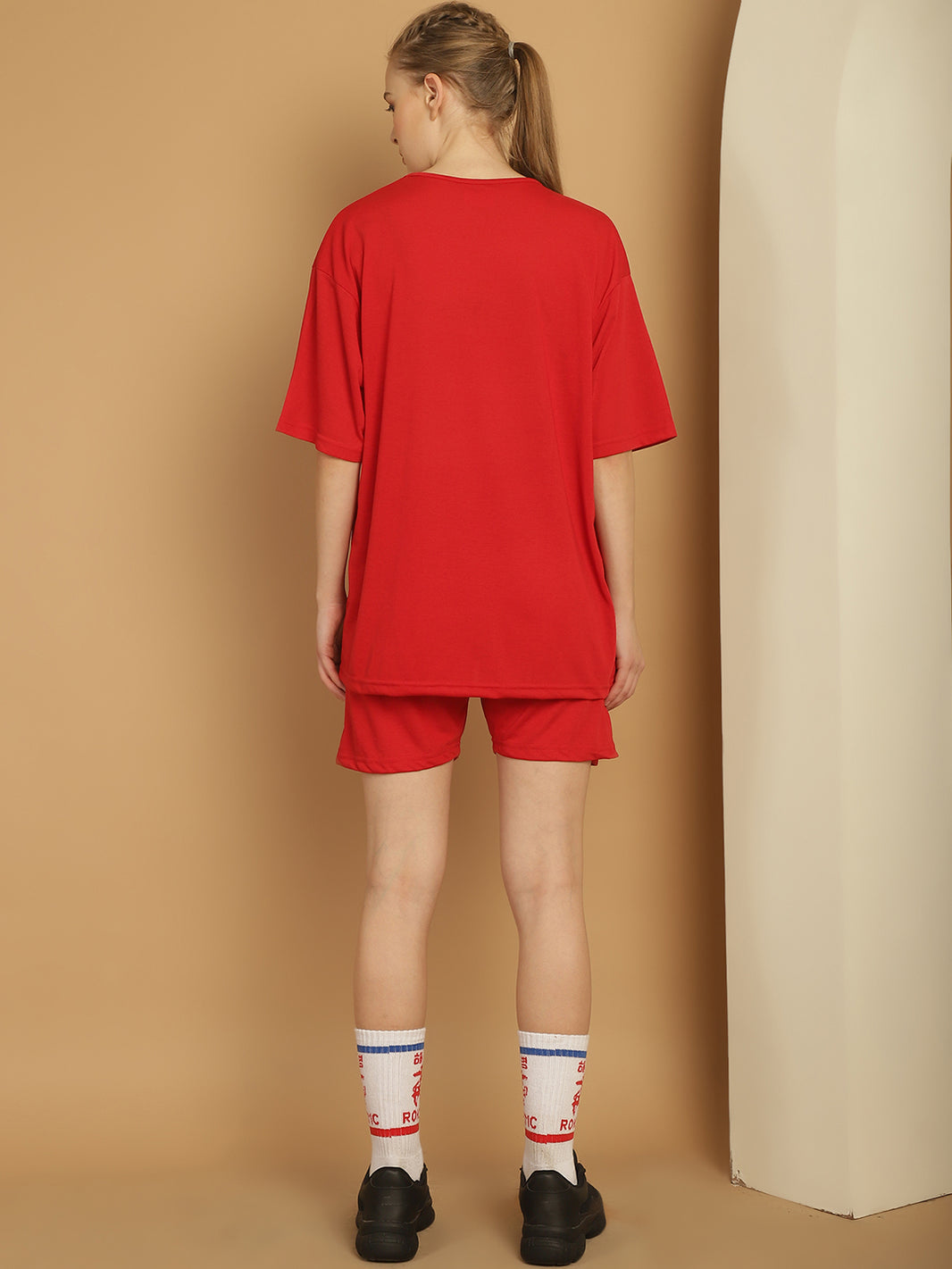 Mack Jonney Printed  Red Round Neck Cotton Oversize Half sleeves Co-ord set Tracksuit For Women