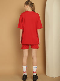 Mack Jonney Printed  Red Round Neck Cotton Oversize Half sleeves Co-ord set Tracksuit For Women