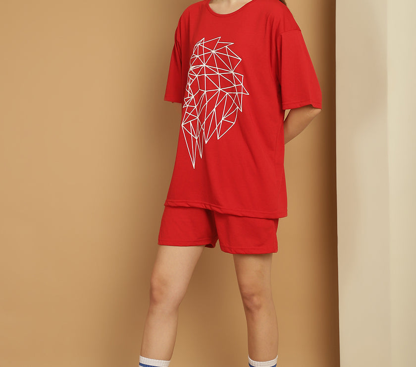 Mack Jonney Printed  Red Round Neck Cotton Oversize Half sleeves Co-ord set Tracksuit For Women