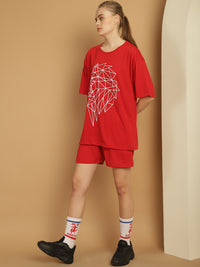 Mack Jonney Printed  Red Round Neck Cotton Oversize Half sleeves Co-ord set Tracksuit For Women