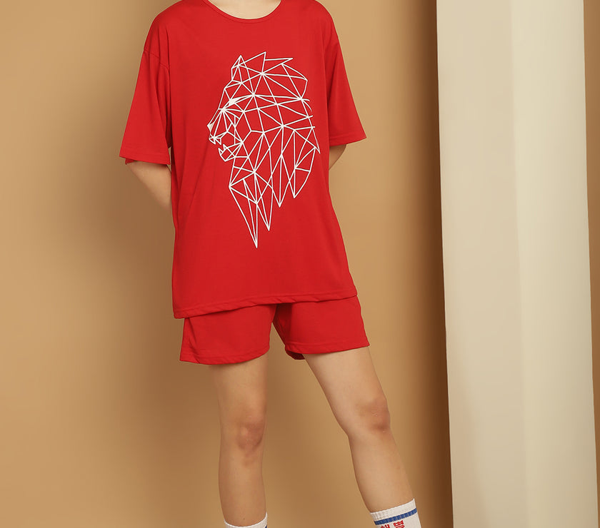 Mack Jonney Printed  Red Round Neck Cotton Oversize Half sleeves Co-ord set Tracksuit For Women