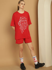Mack Jonney Printed  Red Round Neck Cotton Oversize Half sleeves Co-ord set Tracksuit For Women