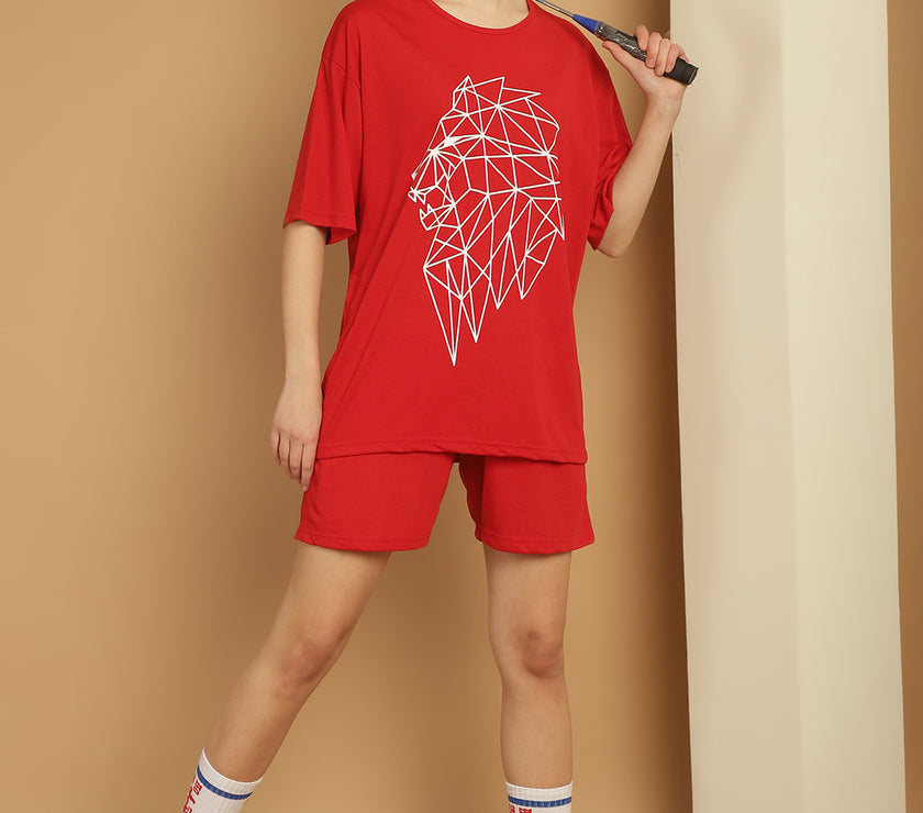 Mack Jonney Printed  Red Round Neck Cotton Oversize Half sleeves Co-ord set Tracksuit For Women
