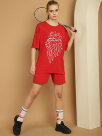 Mack Jonney Printed  Red Round Neck Cotton Oversize Half sleeves Co-ord set Tracksuit For Women