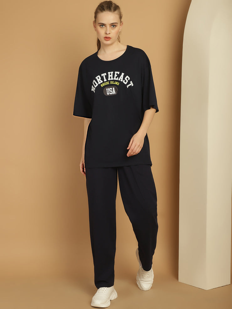 Mack Jonney Printed  Navy Round Neck Cotton Oversize Half sleeves Co-ord set Tracksuit For Women