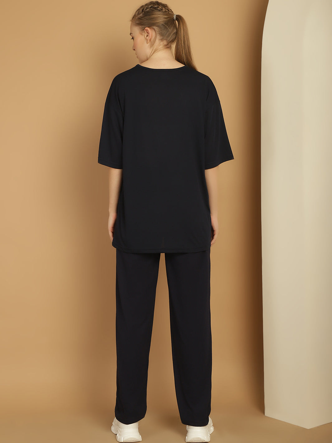 Mack Jonney Printed  Navy Round Neck Cotton Oversize Half sleeves Co-ord set Tracksuit For Women