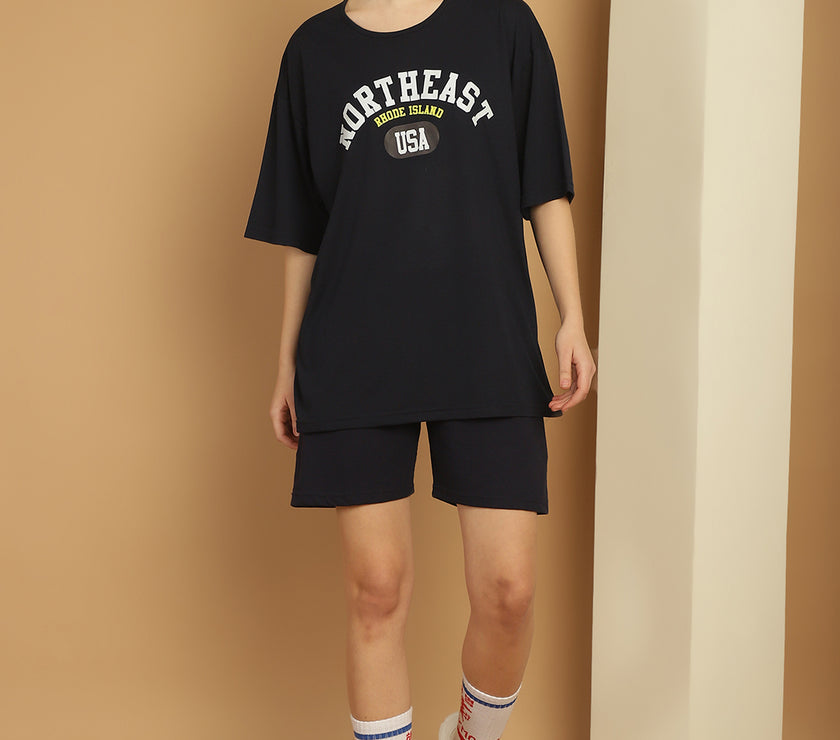 Mack Jonney Printed  Navy Round Neck Cotton Oversize Half sleeves Co-ord set Tracksuit For Women