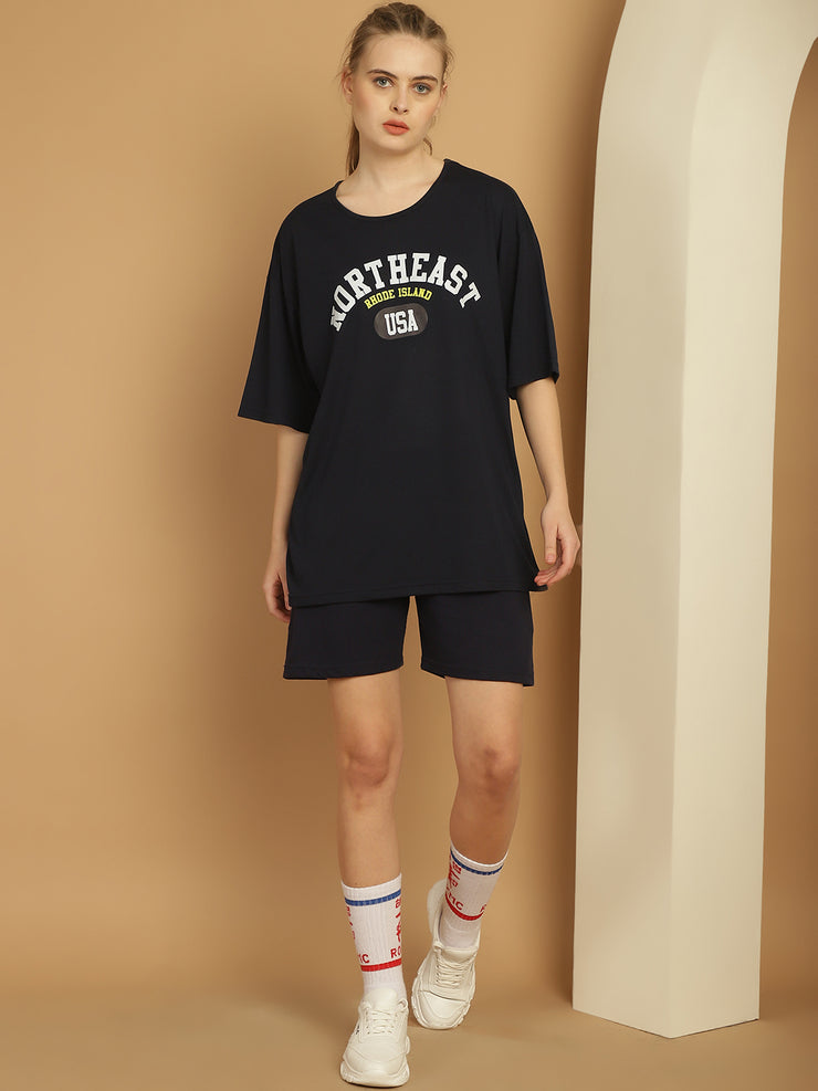 Mack Jonney Printed  Navy Round Neck Cotton Oversize Half sleeves Co-ord set Tracksuit For Women