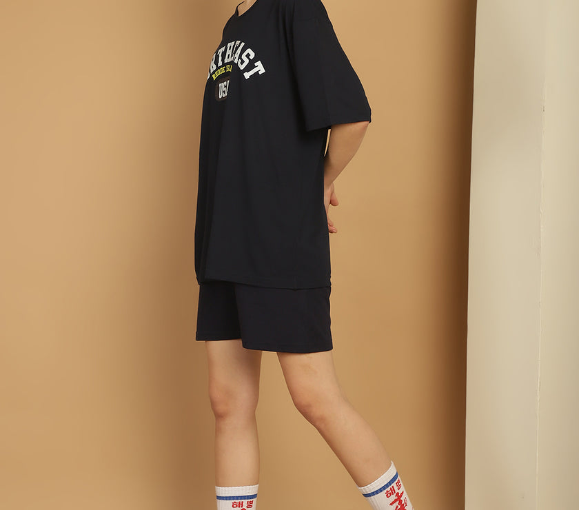 Mack Jonney Printed  Navy Round Neck Cotton Oversize Half sleeves Co-ord set Tracksuit For Women