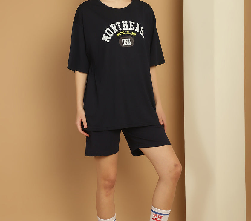 Mack Jonney Printed  Navy Round Neck Cotton Oversize Half sleeves Co-ord set Tracksuit For Women