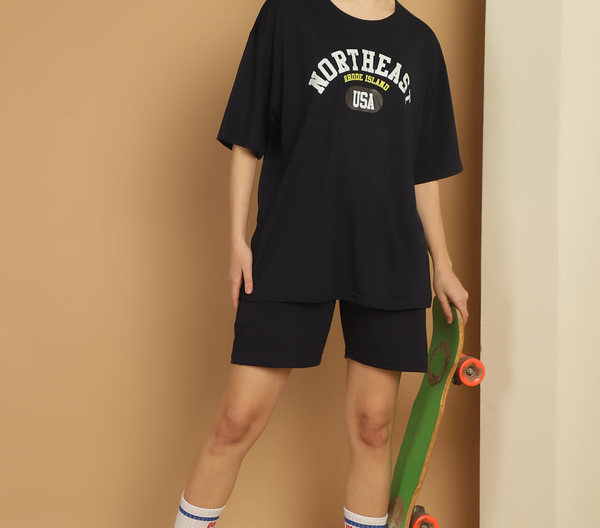 Mack Jonney Printed  Navy Round Neck Cotton Oversize Half sleeves Co-ord set Tracksuit For Women