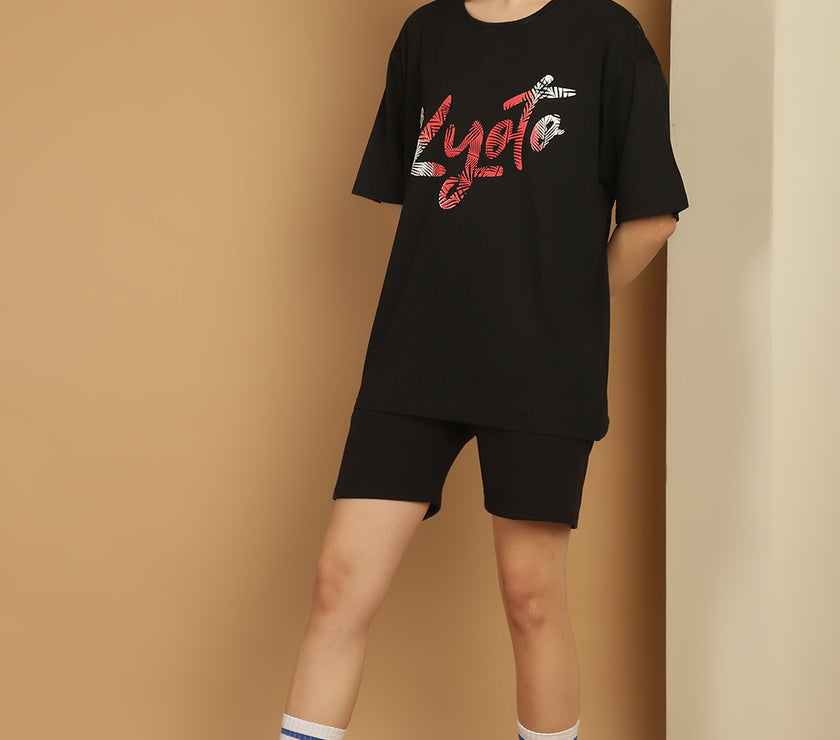 Mack Jonney Printed  Black Round Neck Cotton Oversize Half sleeves Co-ord set Tracksuit For Women