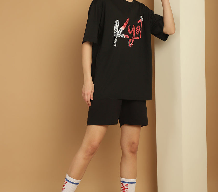 Mack Jonney Printed  Black Round Neck Cotton Oversize Half sleeves Co-ord set Tracksuit For Women
