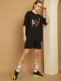 Mack Jonney Printed  Black Round Neck Cotton Oversize Half sleeves Co-ord set Tracksuit For Women