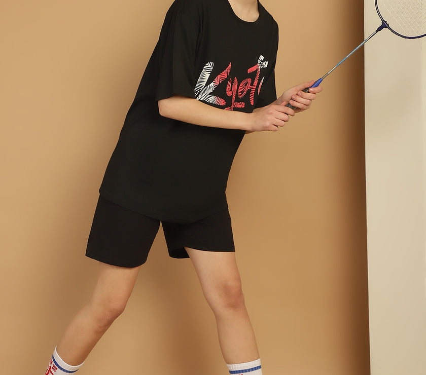 Mack Jonney Printed  Black Round Neck Cotton Oversize Half sleeves Co-ord set Tracksuit For Women
