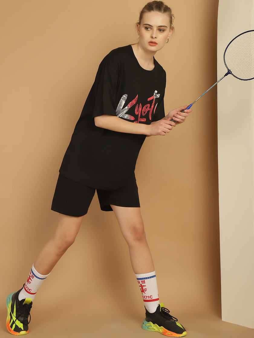 Mack Jonney Printed  Black Round Neck Cotton Oversize Half sleeves Co-ord set Tracksuit For Women