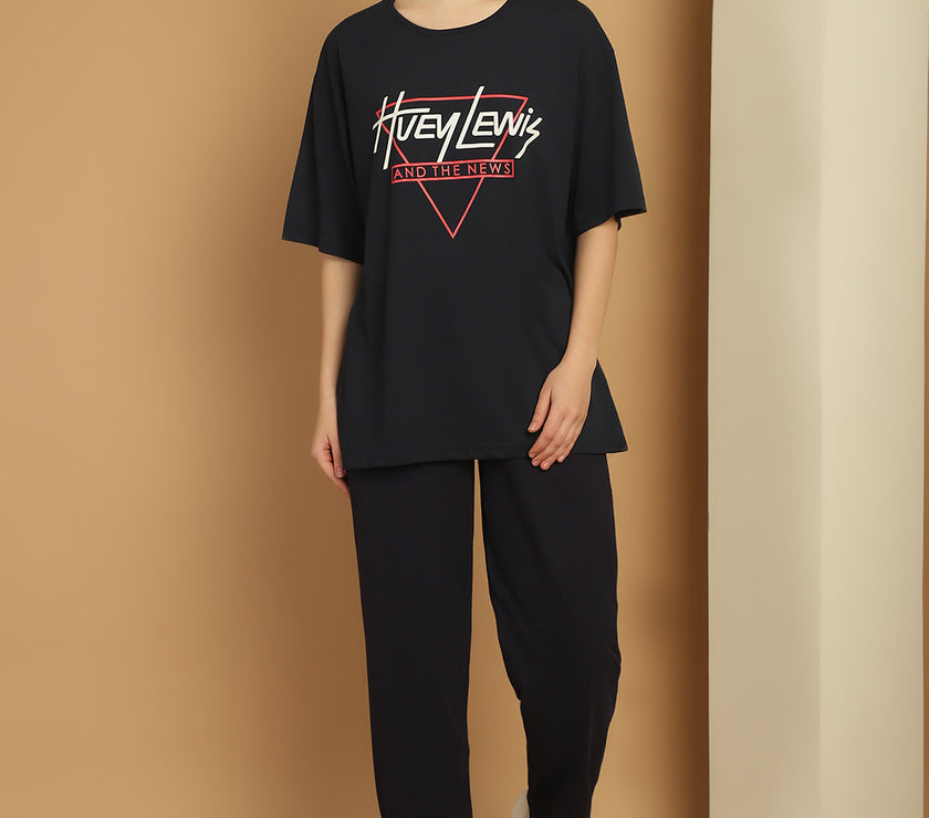 Mack Jonney Printed  Navy Round Neck Cotton Oversize Half sleeves Co-ord set Tracksuit For Women