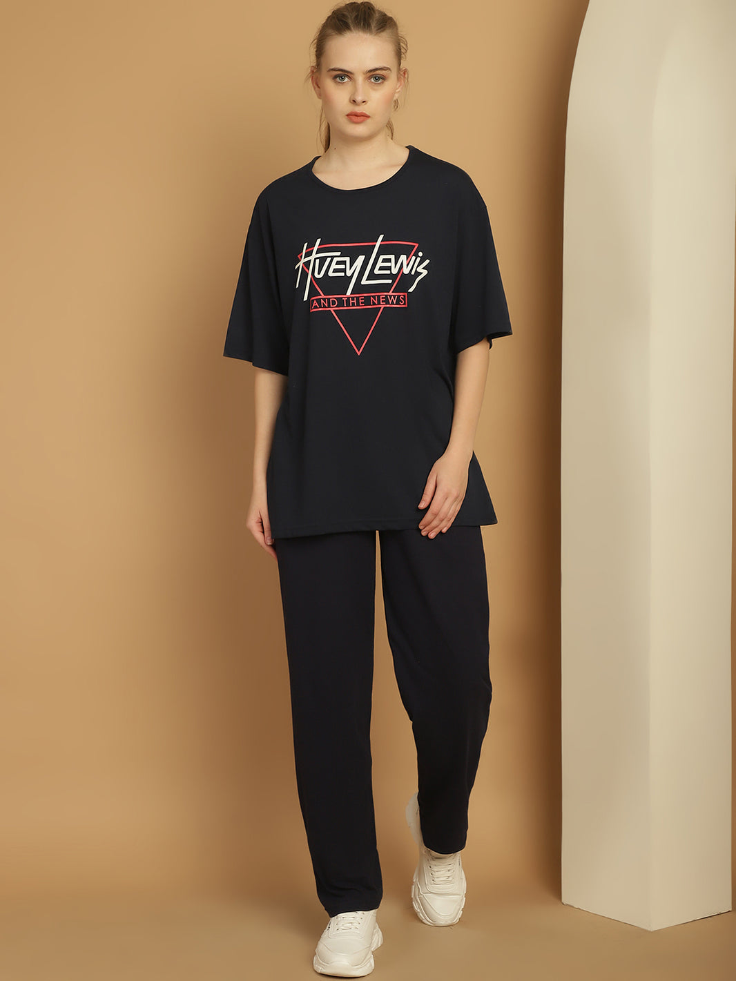Mack Jonney Printed  Navy Round Neck Cotton Oversize Half sleeves Co-ord set Tracksuit For Women