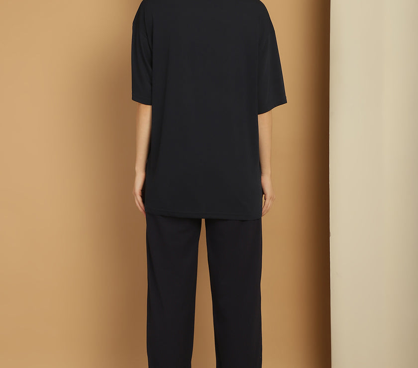 Mack Jonney Printed  Navy Round Neck Cotton Oversize Half sleeves Co-ord set Tracksuit For Women
