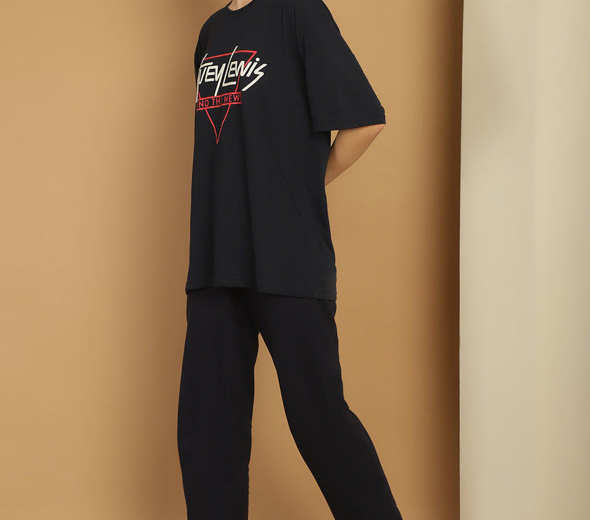 Mack Jonney Printed  Navy Round Neck Cotton Oversize Half sleeves Co-ord set Tracksuit For Women