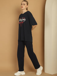 Mack Jonney Printed  Navy Round Neck Cotton Oversize Half sleeves Co-ord set Tracksuit For Women
